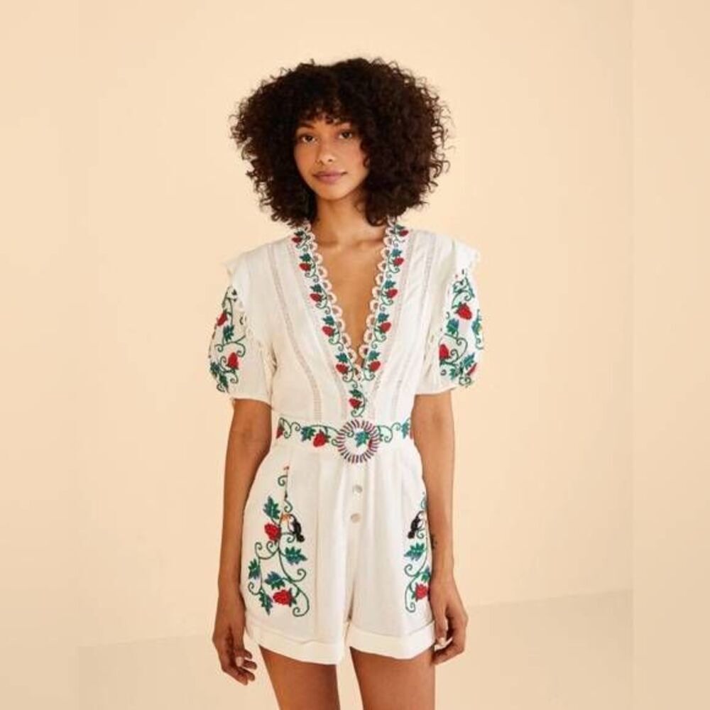 FARM Rio White Romper with Red & Green Embroidery